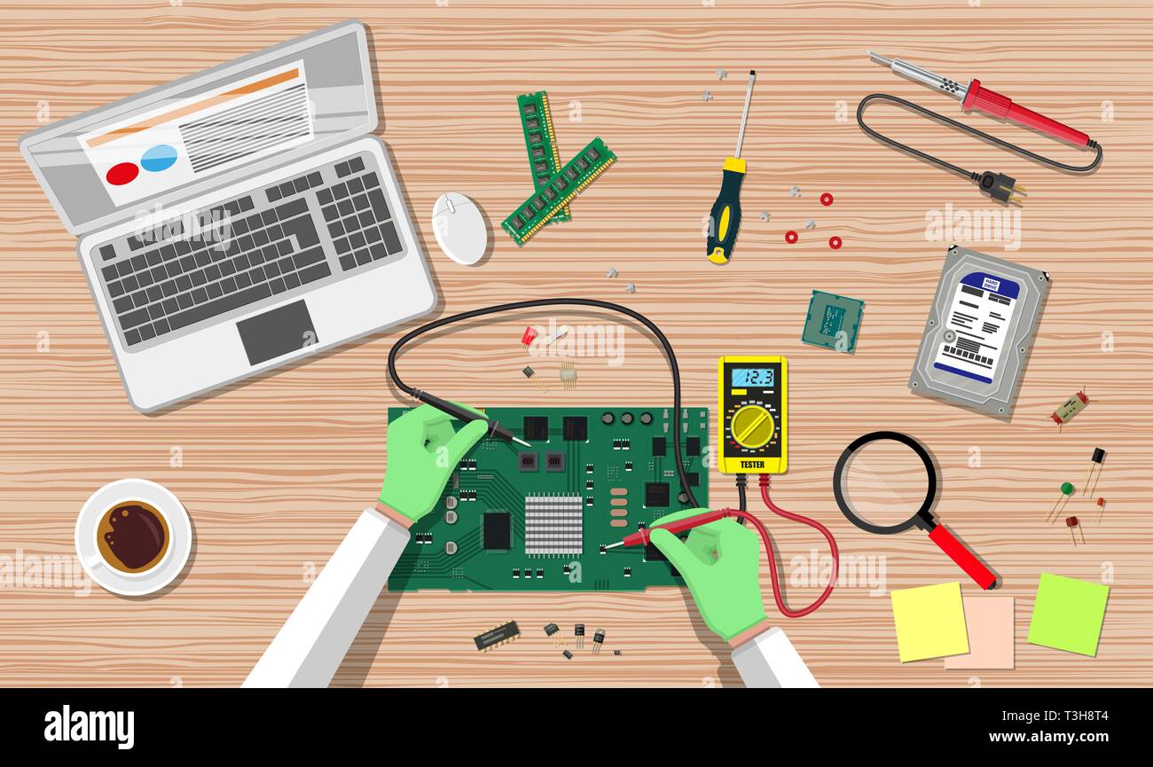 Hande Der Techniker Mit Dem Digitalen Multimeter Prufen Computer Elektronische Schaltung Pc Hardware Komponenten Fur Personal Computer Service Recovery W Stock Vektorgrafik Alamy
