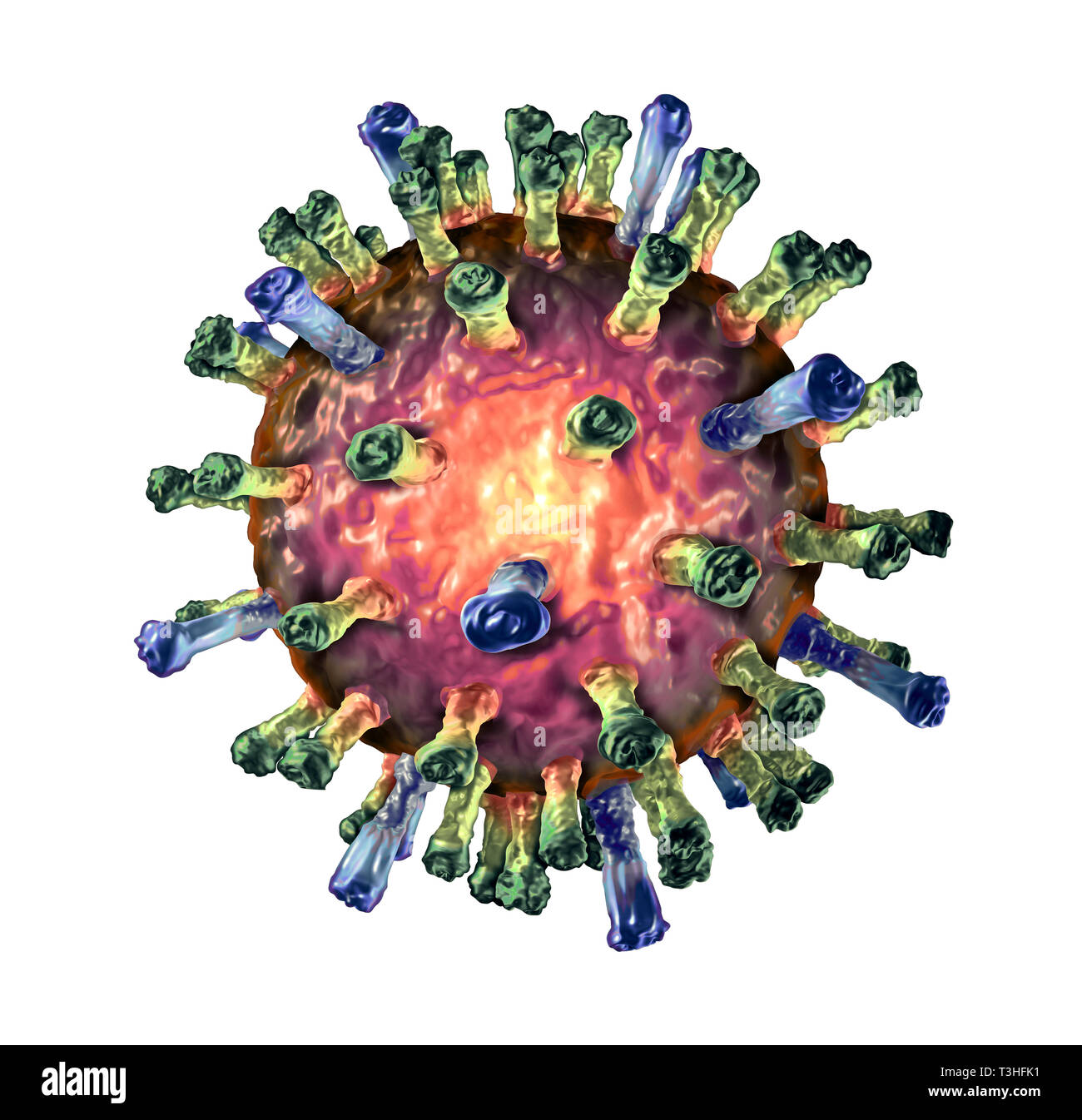 Masernvirus Zelle Konzept als mikroskopische ansteckende Krankheit auf einem weißen Hintergrund als 3D-Illustration isoliert. Stockfoto