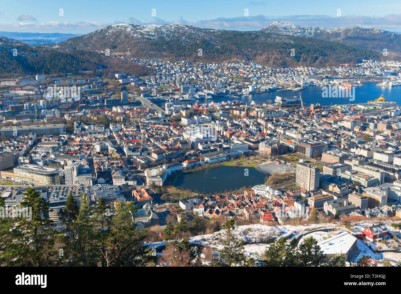 Blick auf die Stadt vom Berg Fløyen Bergen Norwegen Stockfoto