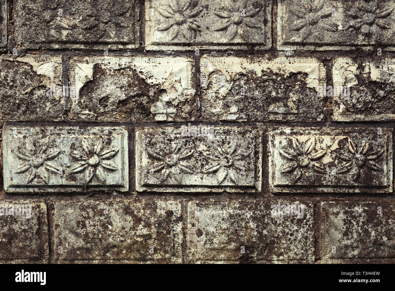 Steinmauer mit Blume auf jeder Stein Ziegel, alten und verwitterten Stockfoto