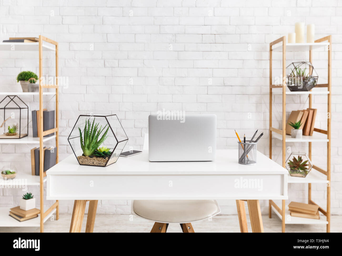 Skandinavische Arbeitsplatz. Laptop und florariums mit Sukkulenten Stockfoto