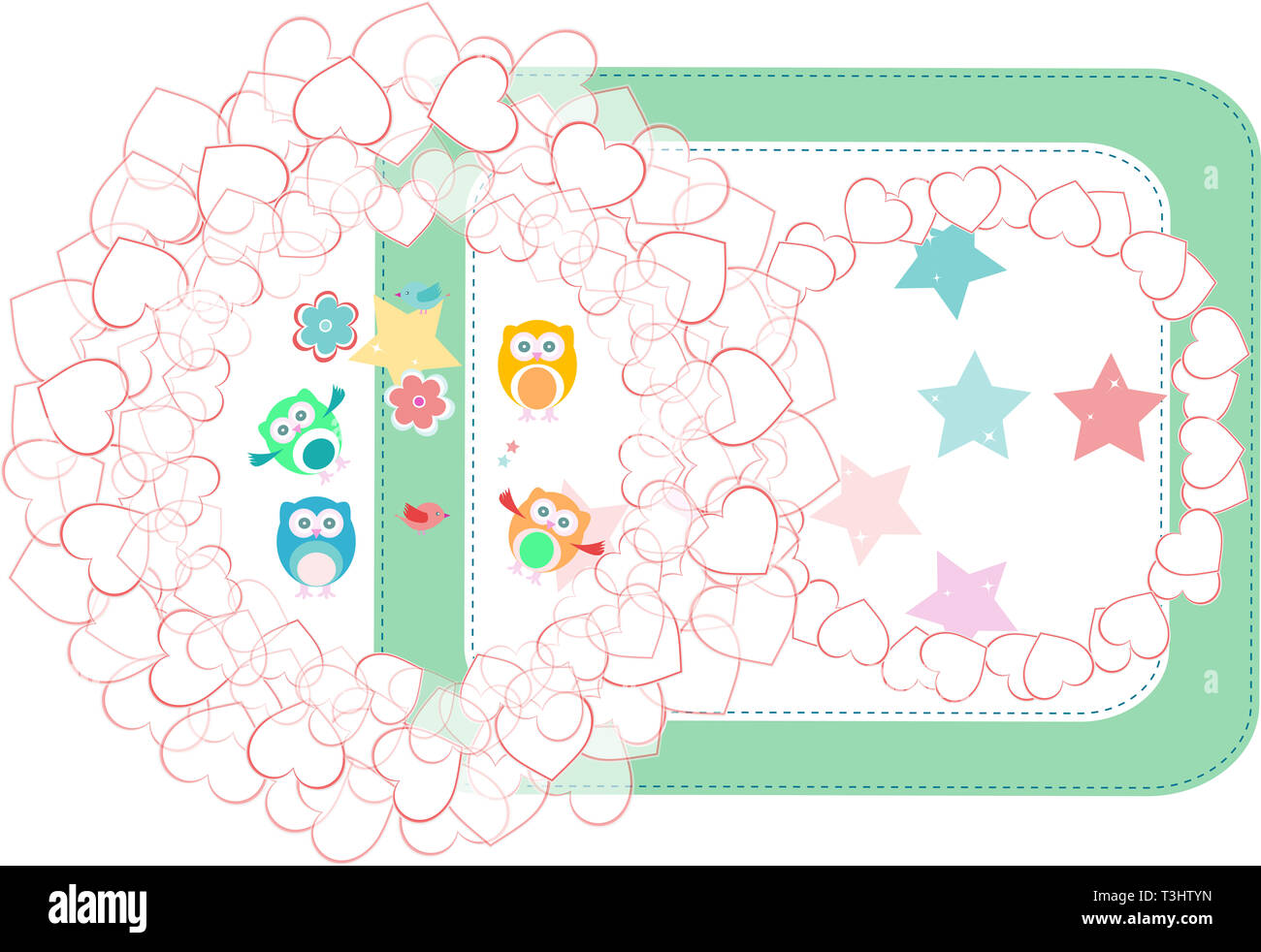 Urlaub Hintergrund mit Eule, liebe Herzen, Blumen und Vögel. Einladungskarte mit cute cartoon Tier Stockfoto