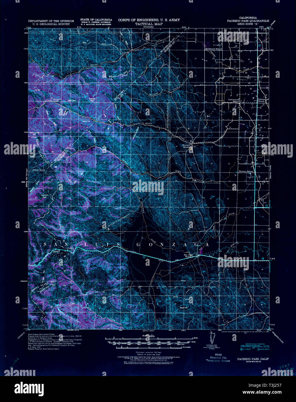 USGS TOPO Karte Kalifornien CA Pacheco Pass 298437 1940 62.500 invertiert Wiederherstellung Stockfoto