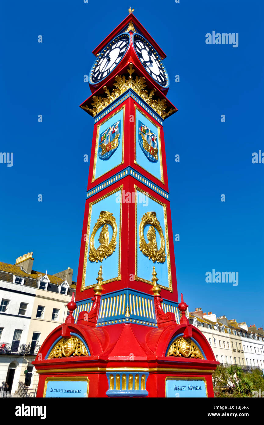 Das denkmalgeschützte Jubilee Clock Tower auf der Esplanade, Weymouth Dorset, wurde gebaut und im Jahr 1888 errichtete die Goldenen Jubiläum der Queen Victoria zu gedenken. Stockfoto