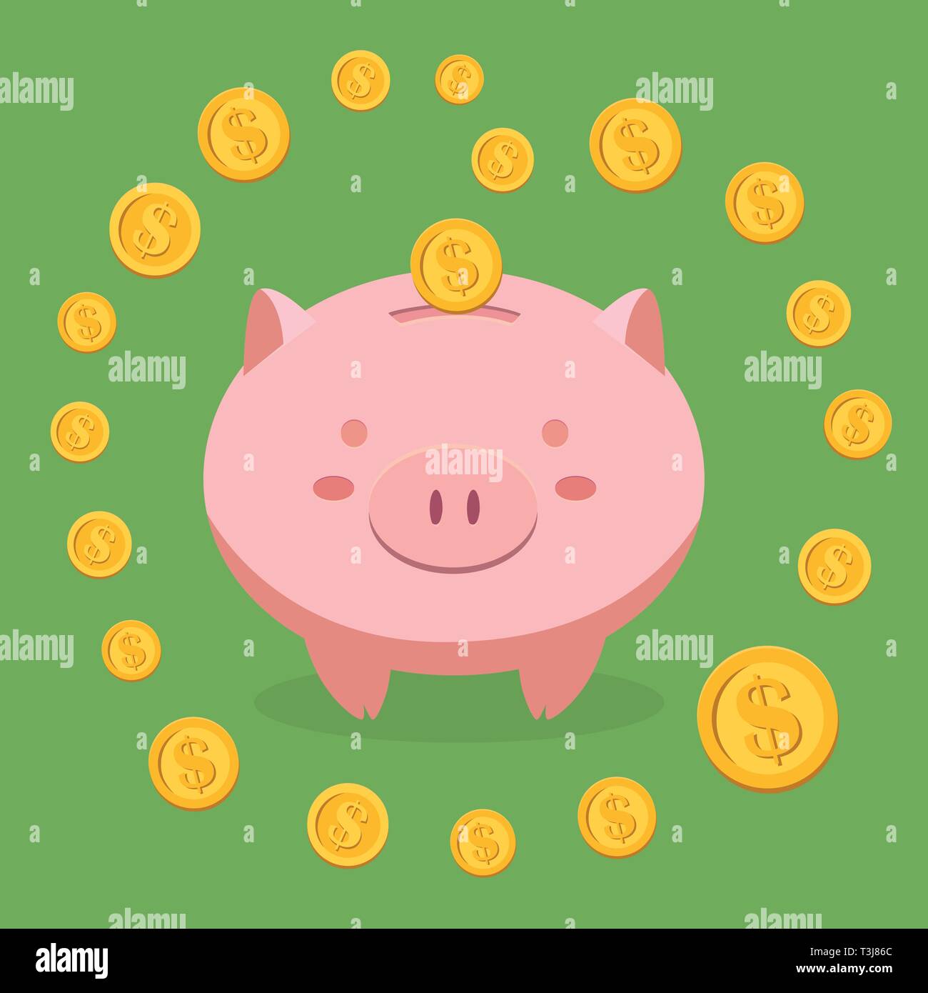 Piggy Bank Einsparungen durch Münzen auf grünem Hintergrund Vektor-illustration Umgeben Stock Vektor