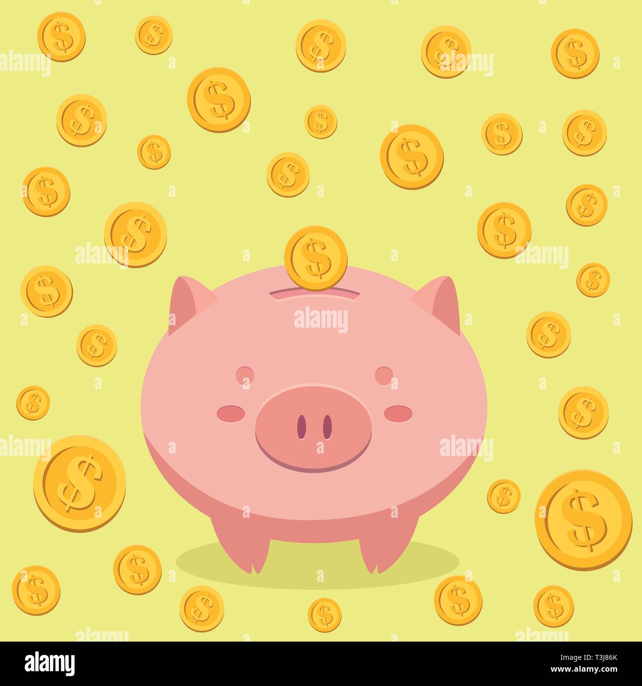 Piggy Bank Einsparungen durch Münzen in gelben Hintergrund umgeben Stock Vektor