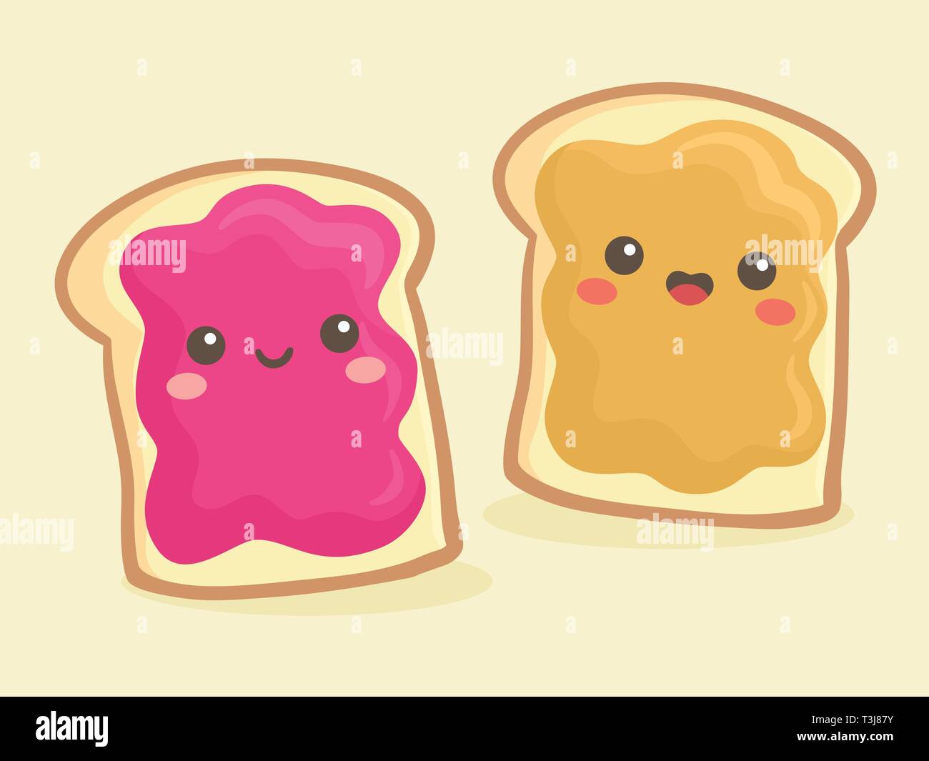 Cute Peanut Butter und Marmelade Marmelade Brot Brot Sandwich Vector Illustration Cartoon Lächeln Stock Vektor