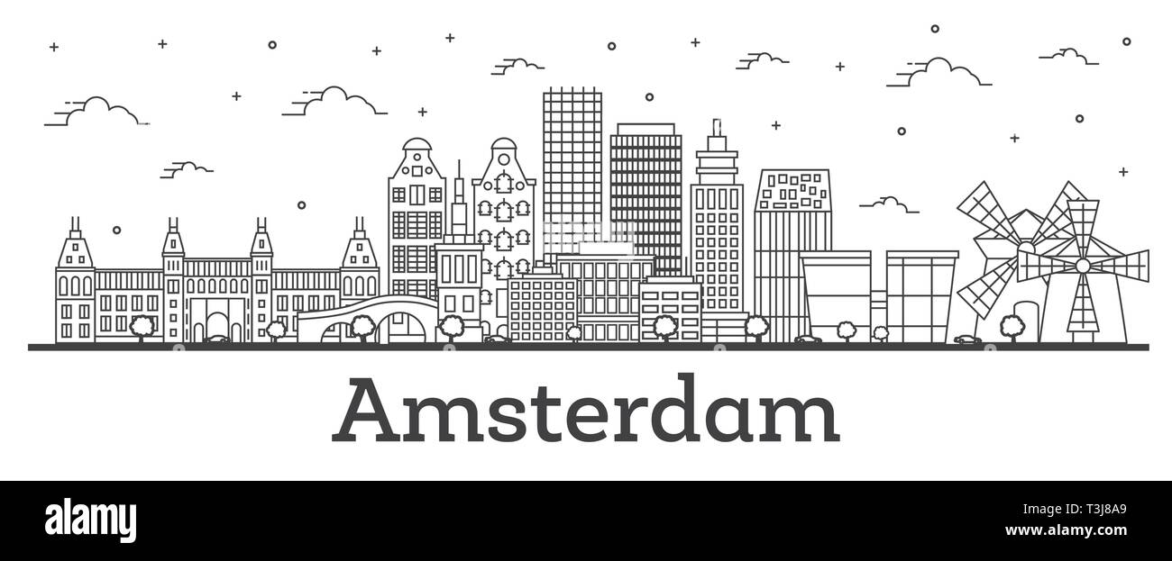 Umrisse Amsterdam Niederlande Skyline der Stadt mit historischen Gebäuden isoliert auf Weiss. Vector Illustration. Amsterdam Stadtbild mit Sehenswürdigkeiten. Stock Vektor