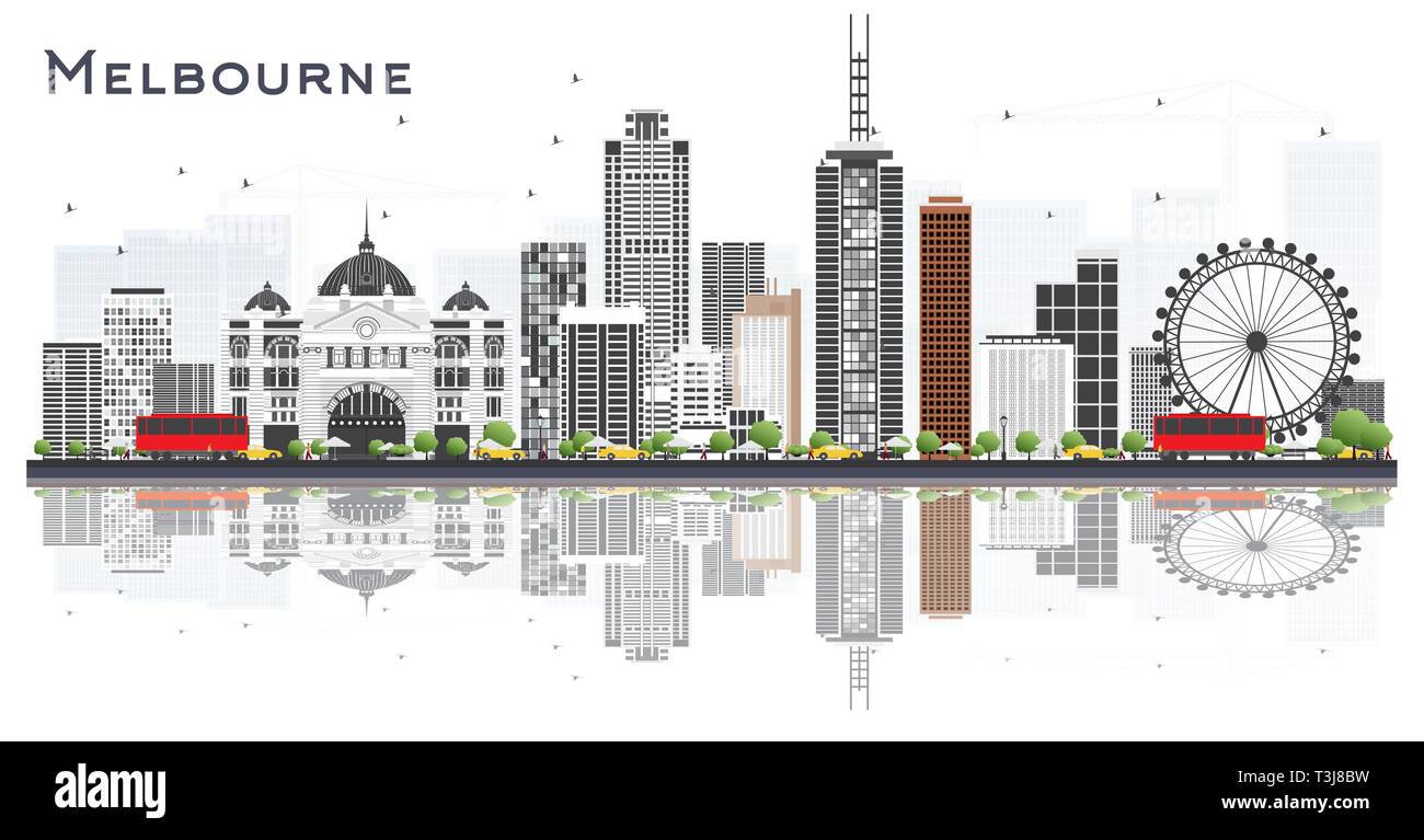 Melbourne Australien City Skyline mit grauen Gebäuden und Reflexionen isoliert auf weißem Hintergrund. Vector Illustration. Tourismus Konzept. Stock Vektor
