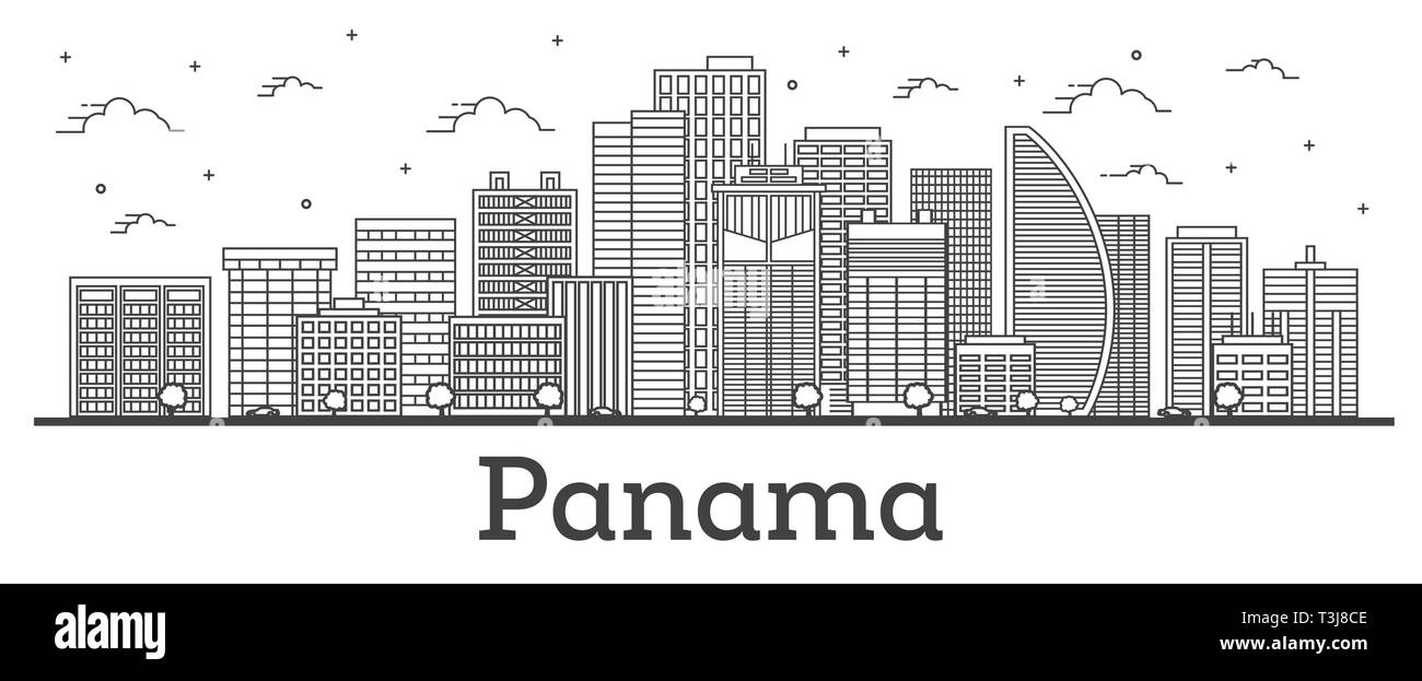 Umrisse Panama City Skyline mit modernen Gebäuden isoliert auf Weiss. Vector Illustration. Panama Stadt mit Sehenswürdigkeiten. Stock Vektor