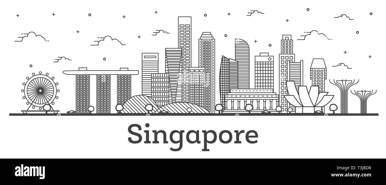 Umrisse Singapur Skyline der Stadt mit modernen Gebäuden isoliert auf Weiss. Vector Illustration. Singapur Stadtbild mit Sehenswürdigkeiten. Stock Vektor