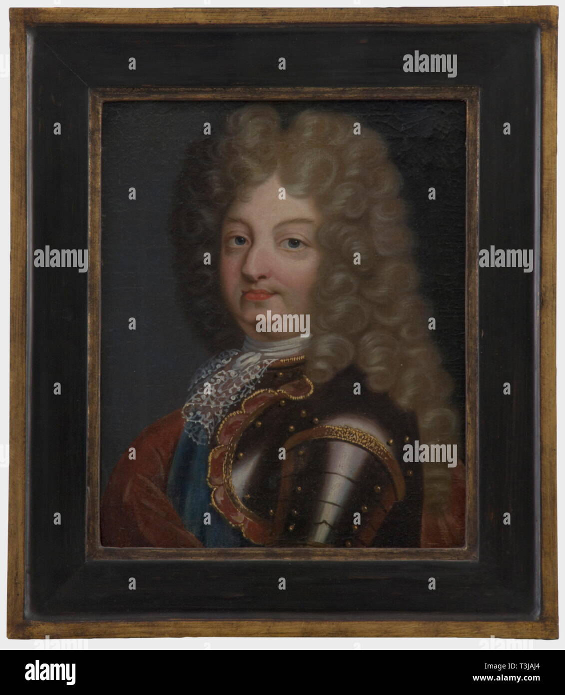 Ein Portrait eines souveränen, in England, in Frankreich (?), Ende 17. Jahrhundert Porträt eines Adligen in schwarzer Rüstung mit blauen Schärpe (englisch Bestellung der Strumpfband oder französischen Orden des Heiligen Geistes). Frisur des späten 17. Jahrhunderts. Öl auf Leinwand, Größe 30,5 x 37 cm, die in einem modernen Rahmen. Bildende Kunst, Menschen, aus dem 17. Jahrhundert, bildende Kunst, Kunst, Malerei, Gemälde, Objekt, Objekte, Stills, Clipping, Clippings, Ausschneiden, Ausschneiden, Ausschnitten, Mann, Männer, männlich, Artist's Urheberrecht nicht gelöscht werden Stockfoto