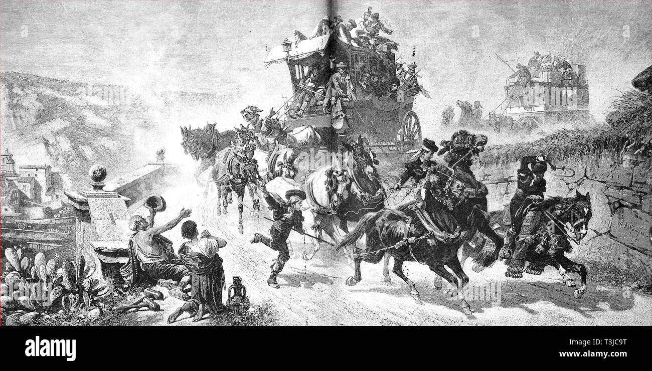 Stagecoach in Spanien mit voller Geschwindigkeit, historische Darstellung, 1880, Spanien Stockfoto