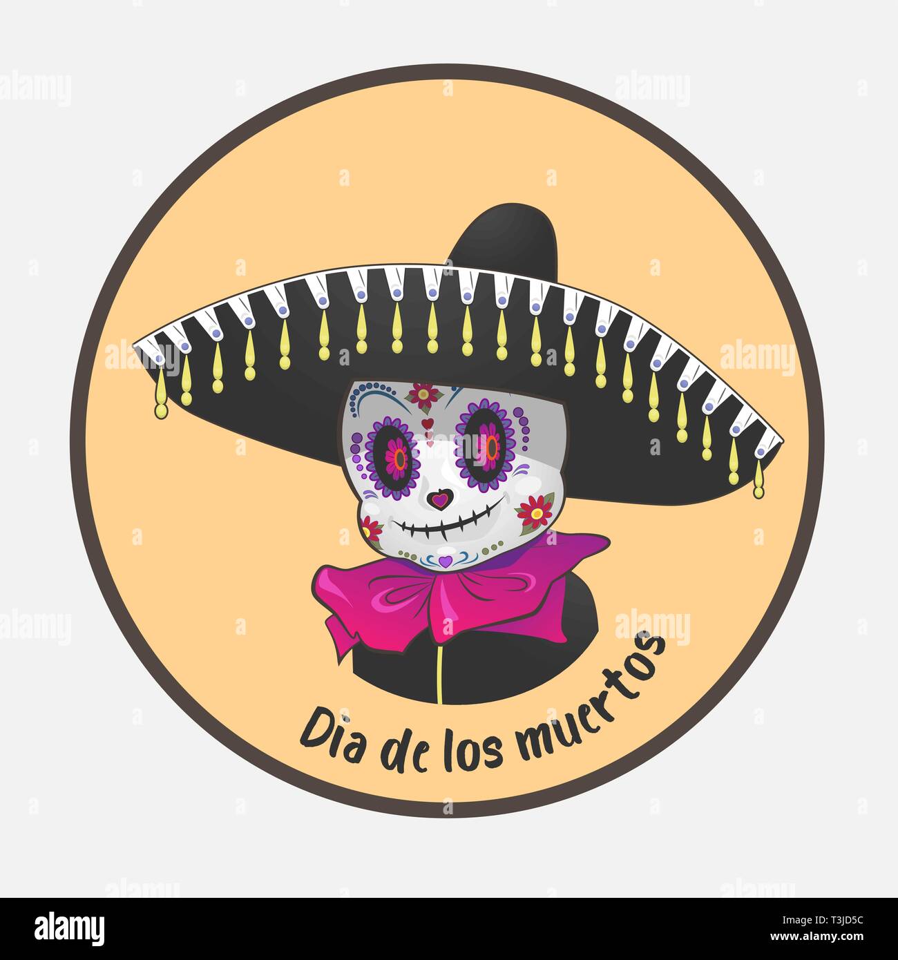 Dia de Los Muertos der Tag der Toten ein Vektor Abbildung zeigt eine niedliche toten Zeichen auf einer Runde Hintergrund Die eine trägt einen Hut sombrero. Stock Vektor
