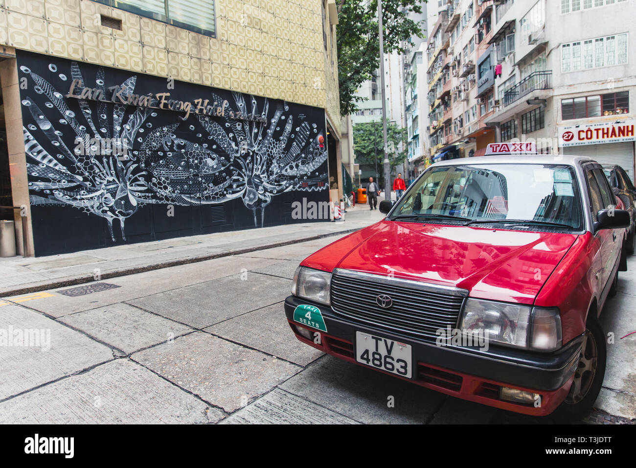 Central District Hong Kong City moderne Kunst Street View mit traditionellen Stil rot Taxi Auto beliebteste Reise in Asien. 24. November 2017, Hongko Stockfoto