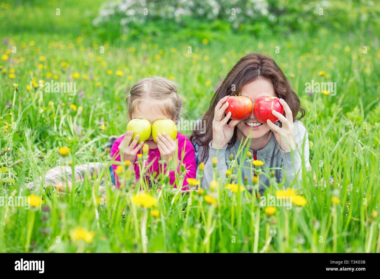 Mutter und Tochter auf der sonnigen Wiese mit Äpfeln in den Händen Stockfoto