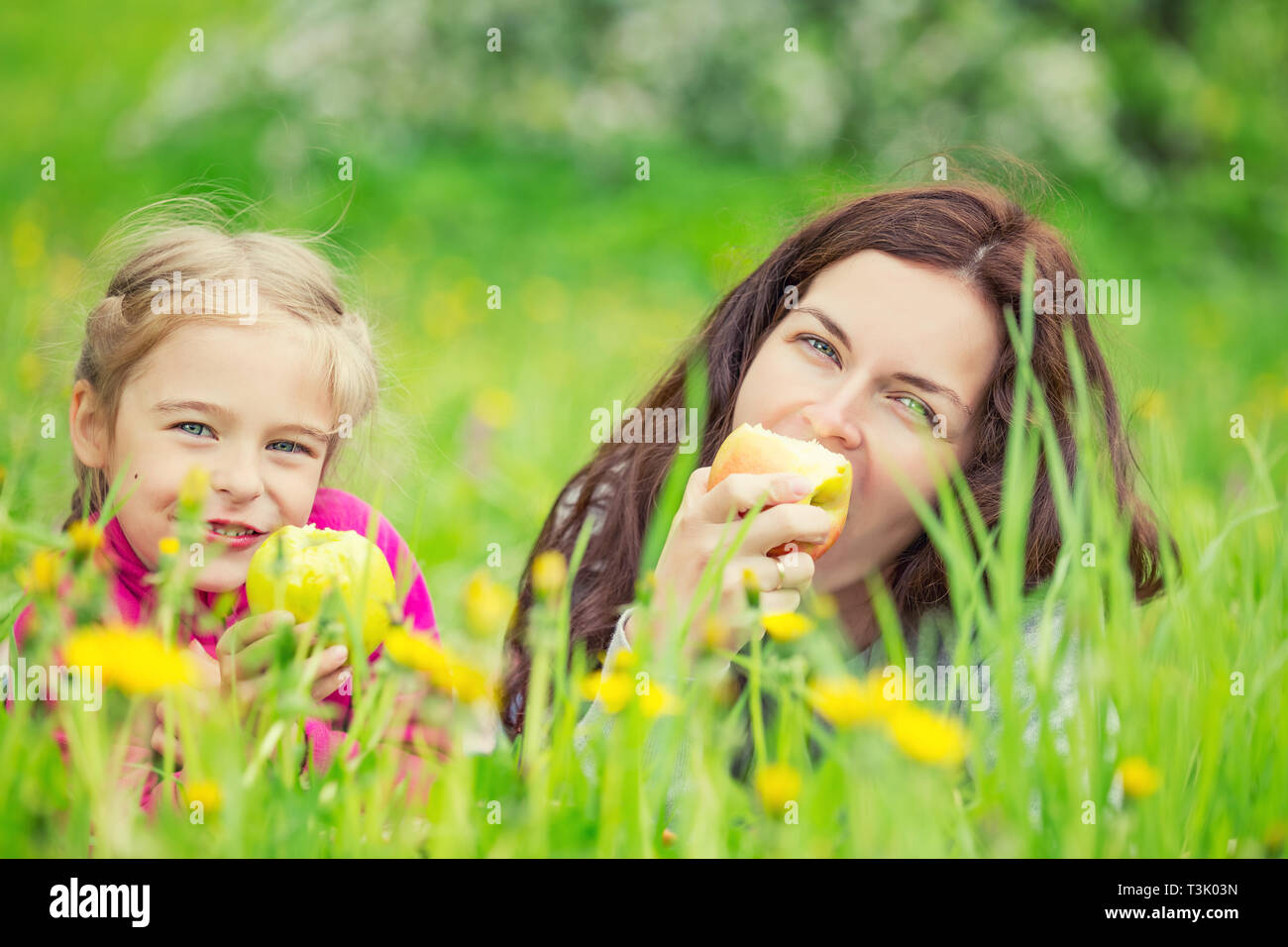 Mutter und Tochter Äpfel essen auf der grünen Wiese Stockfoto