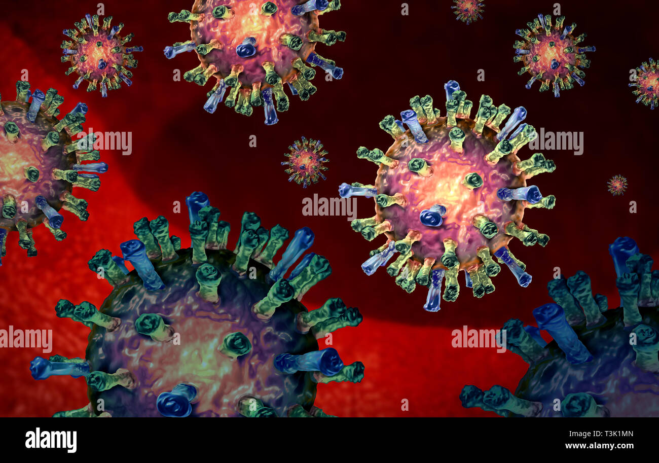 Masern Virus Zellen Konzept als mikroskopische ansteckende Krankheit, die in einem menschlichen Körper als eine 3D-Darstellung. Stockfoto