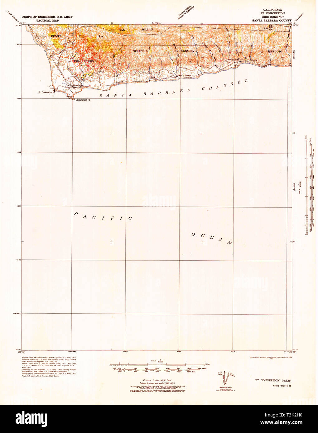 USGS TOPO Karte Kalifornien CA Pt Konzeption 298593 1942 62.500 Wiederherstellung Stockfoto