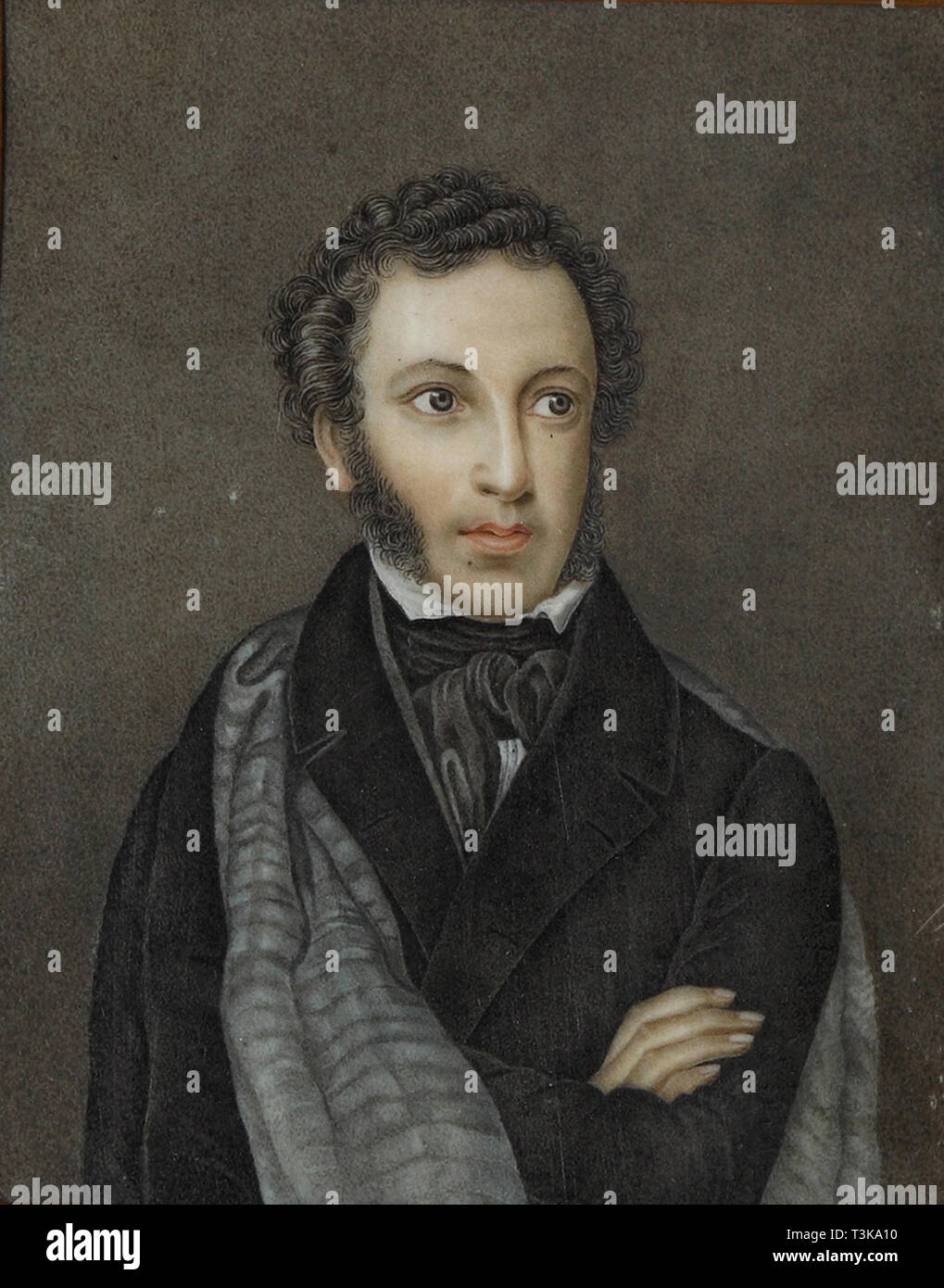 Porträt des Dichters Alexander Sergejewitsch Puschkin (1799-1837), im ersten Quartal des 19. Cen.. Schöpfer: Anonym. Stockfoto