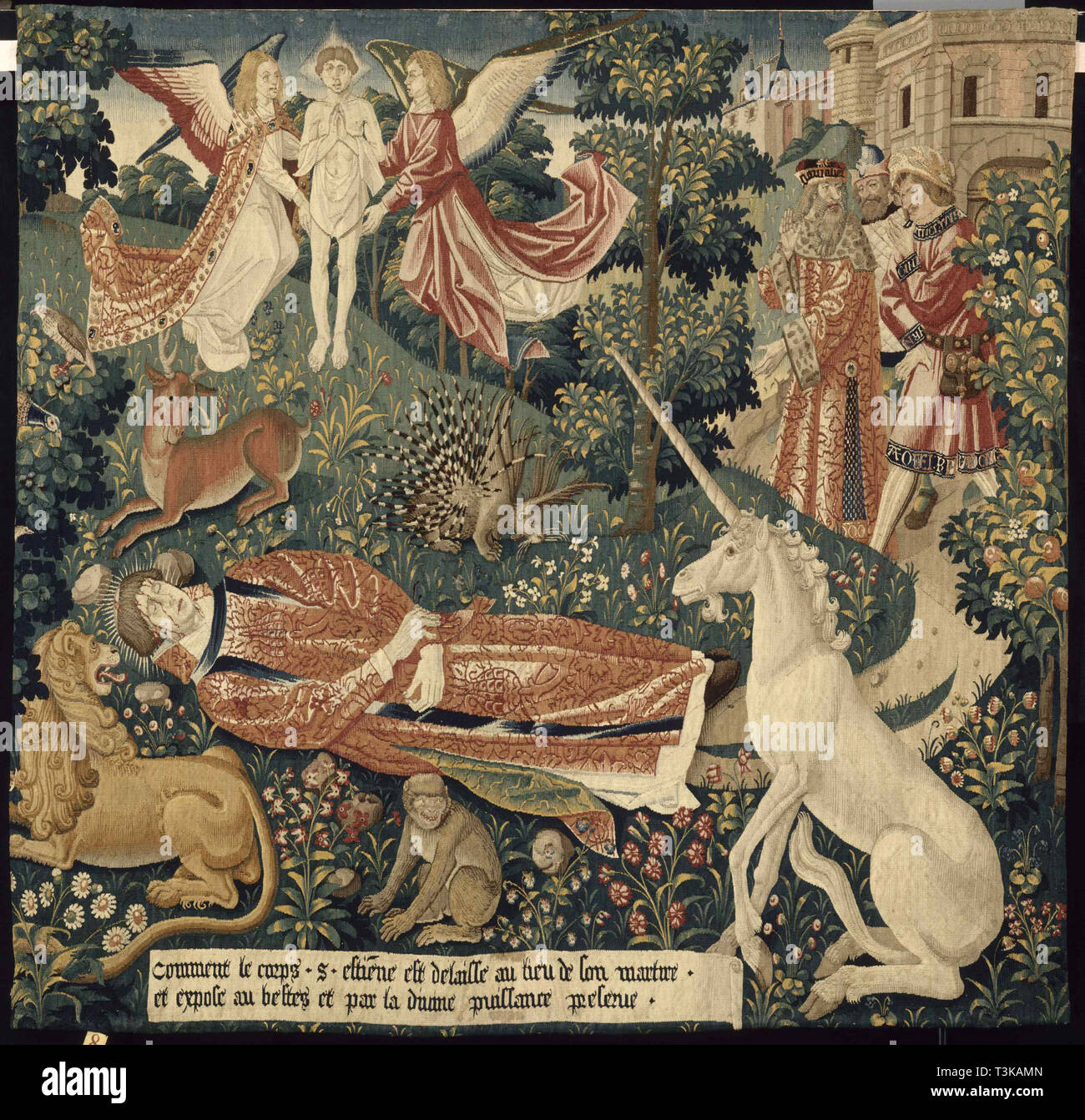 Einhorn. Von: La Tenture de saint Étienne. Scène 8: Le Corps du Märtyrer Exposé aux bêtes, C. 1500. Schöpfer:, Colijn de Coter, nach (Ca. 1440/45 - C Stockfoto