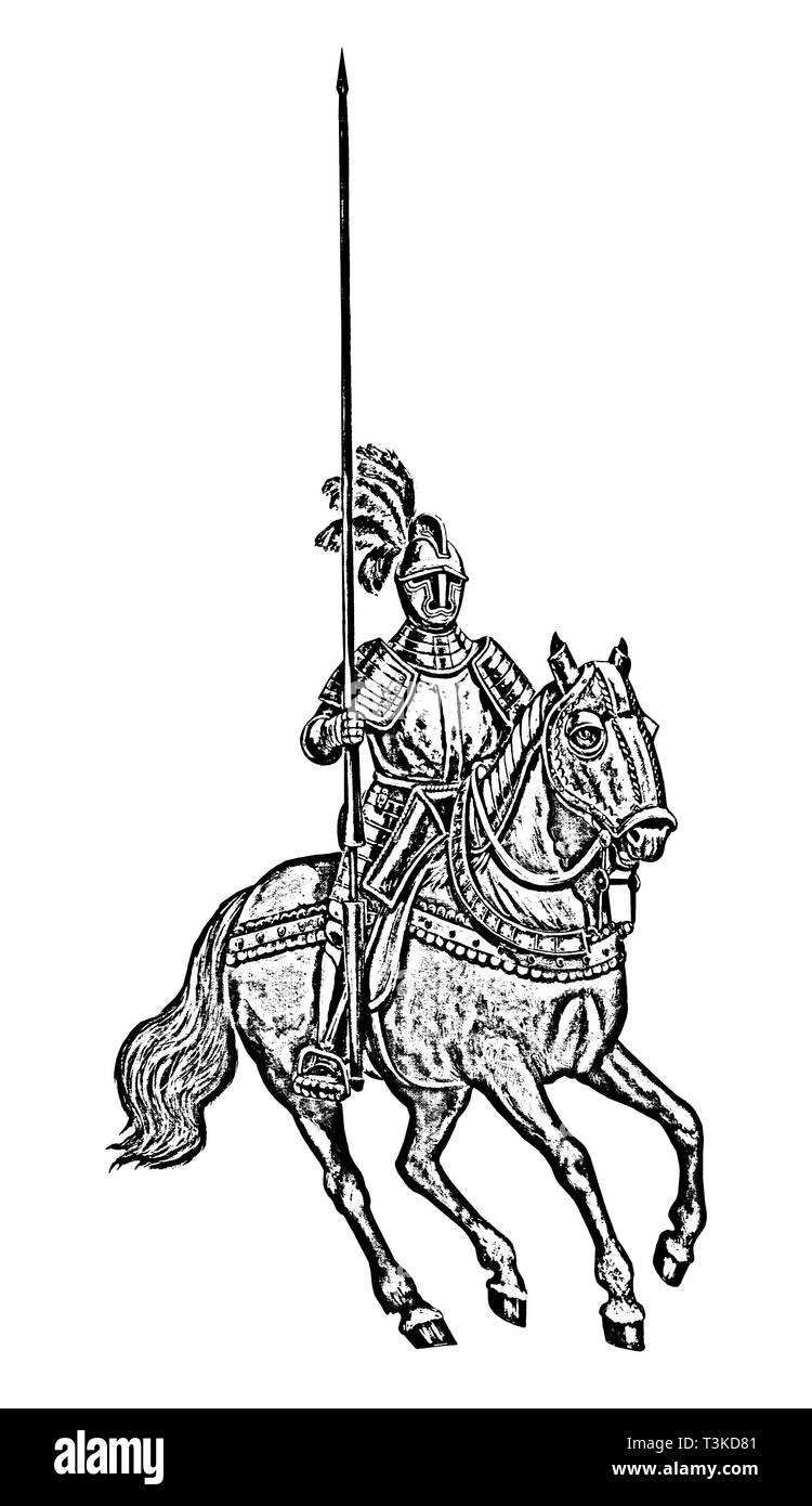 Gepanzerte Ritter Abbildung. Montiert Ritter isolierte schwarze und weiße Zeichnung. Stockfoto