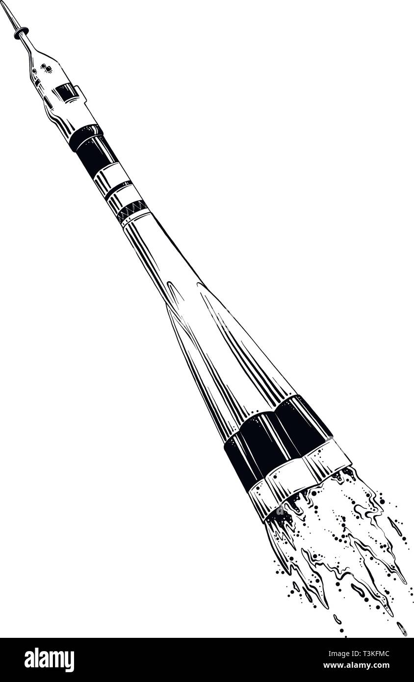 Hand gezeichnete Skizze der Rakete in schwarzer Farbe auf weißem Hintergrund. Zeichnung für Poster, Dekoration und Drucken. Vector Illustration Stock Vektor