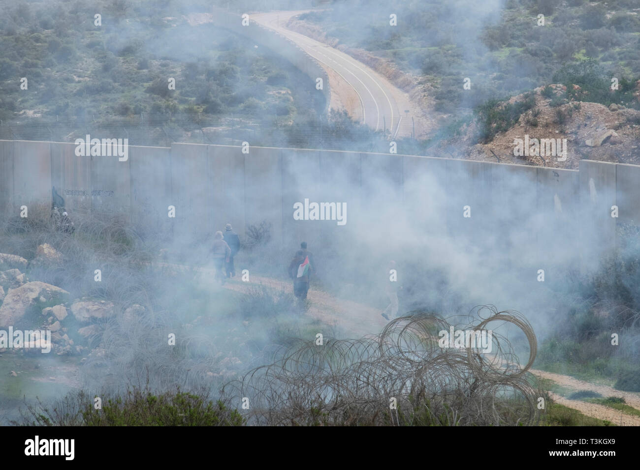 Palästinensische Demonstranten laufen entlang der Grenze Wand warf eine Wolke von Tränengas Schuß durch die israelischen Soldaten in Bilin, West Bank, Palästina, 15.02.19. Stockfoto