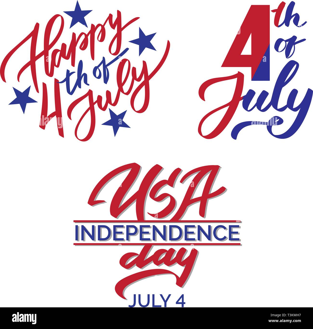 4. Juli, Grafik, Typografie, Schrift, Kalligraphie, USA Independence Day Feier Text, Logo, Schreiben für Anzeigen, Banner, Flyer Stock Vektor