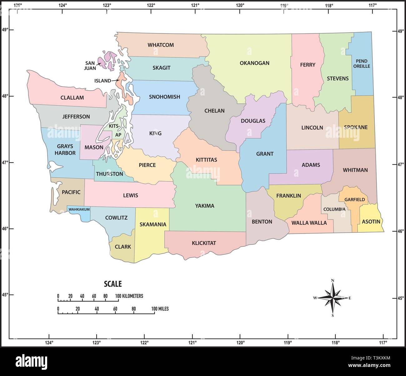 Washington State Umrisse administrative und politische Vektorkarte in Farbe Stock Vektor