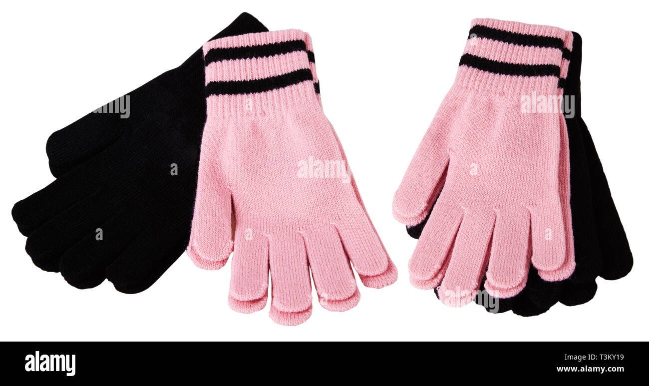 Zwei paar Handschuhe aus Gewirken der rosa und schwarzen Wollmütze Mädchen, isoliert auf Weiss. Weibliche Accessoire. Stockfoto