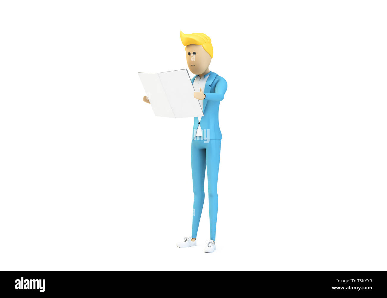 Cartoon Geschäftsmann lesen Magazin 3D Rendering isoliert mockup Stockfoto