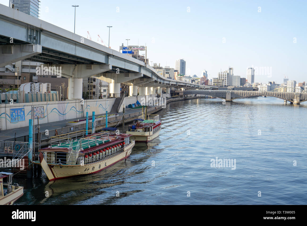 Kreuzfahrten sind sehr beliebt auf Sumida River in Tokio. Es ist eine großartige Möglichkeit, die Stadt zu sehen, wenn Sie genügend Zeit haben, den ganzen Tag auf dem Wasser zu verbringen. Stockfoto