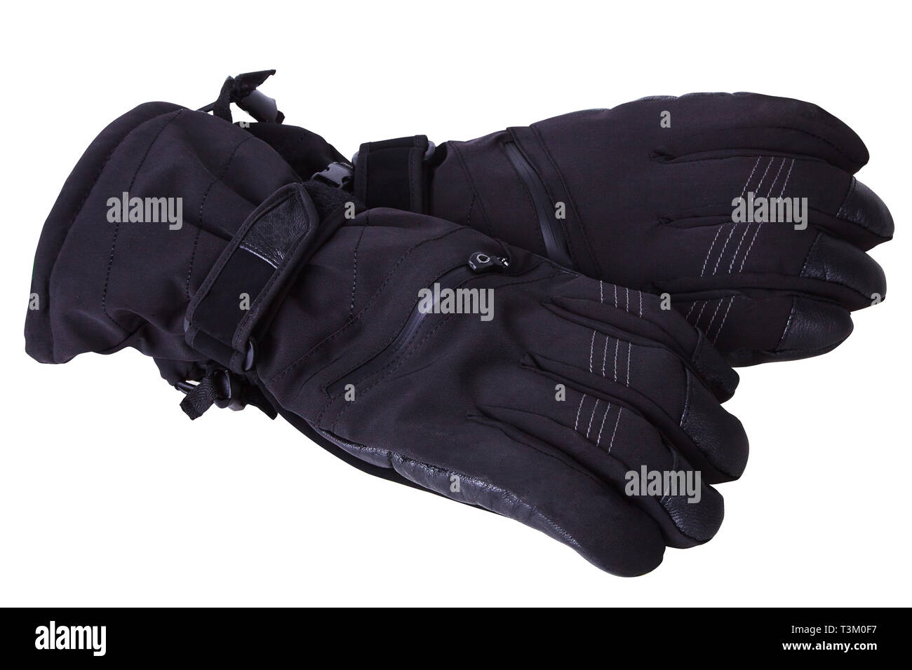 Schwarz Leder wasserdicht Winter männlich Handschuhe auf weißem Hintergrund isoliert, warme Handschuhe Alpin. Skifahren Stockfoto