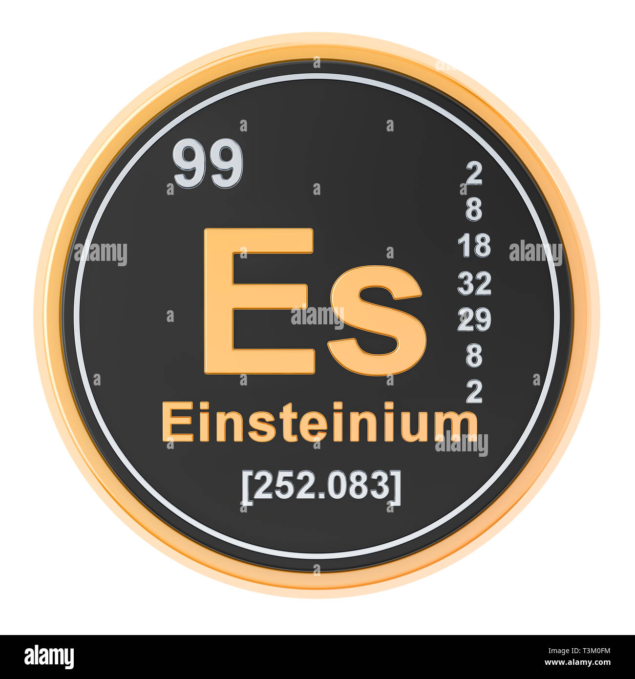 Einsteinium Es chemisches Element. 3D-Rendering auf weißem Hintergrund Stockfoto