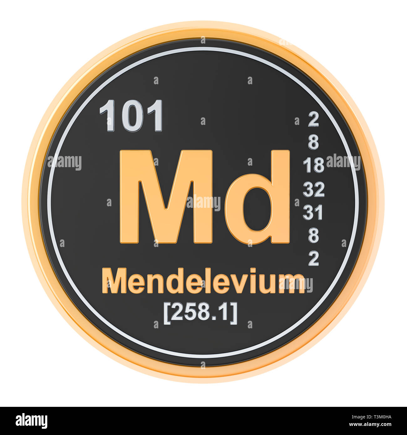 Mendelevium Md chemisches Element. 3D-Rendering auf weißem Hintergrund Stockfoto