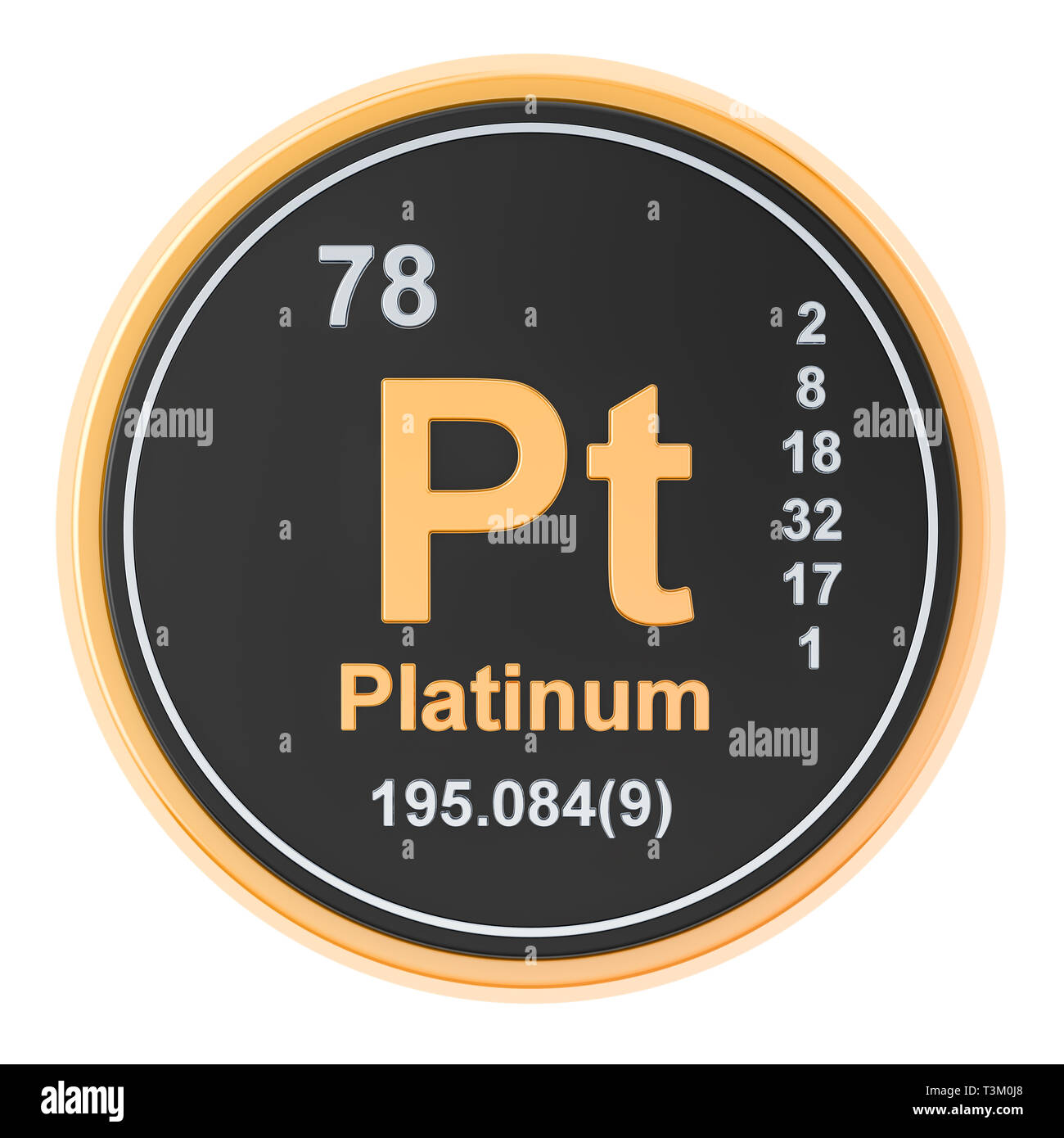 Platin Pt chemisches Element. 3D-Rendering auf weißem Hintergrund Stockfoto