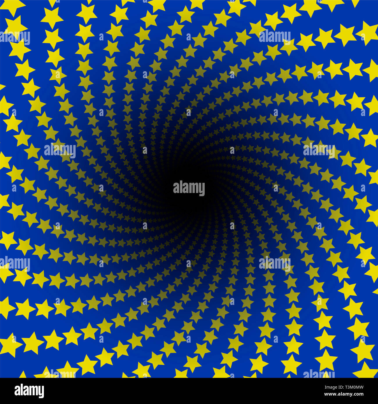 Star Muster. Spirale infinity mit schwarzen Loch. Gelben Sternen auf blauem Hintergrund, die Flagge der Europäischen Union Farben. Twisted Rundschreiben fractal Abbildung. Stockfoto
