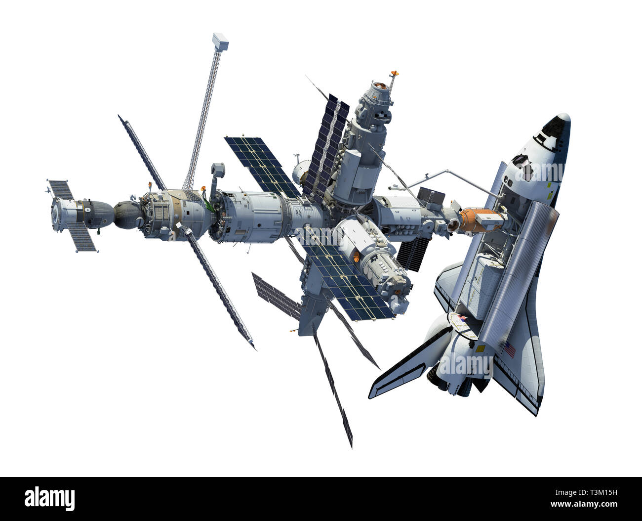 Space Shuttle und Raumstation isoliert auf weißem Hintergrund. 3D-Darstellung. Stockfoto