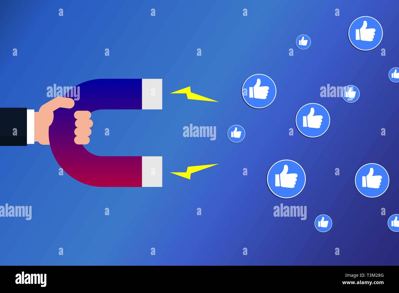 Hand mit einem Magnet für Mag. Social Media Marketing Konzept. Popularität in sozialen Netzwerken. Online Kampagne. Vector Illustration, flacher Stil. Stock Vektor