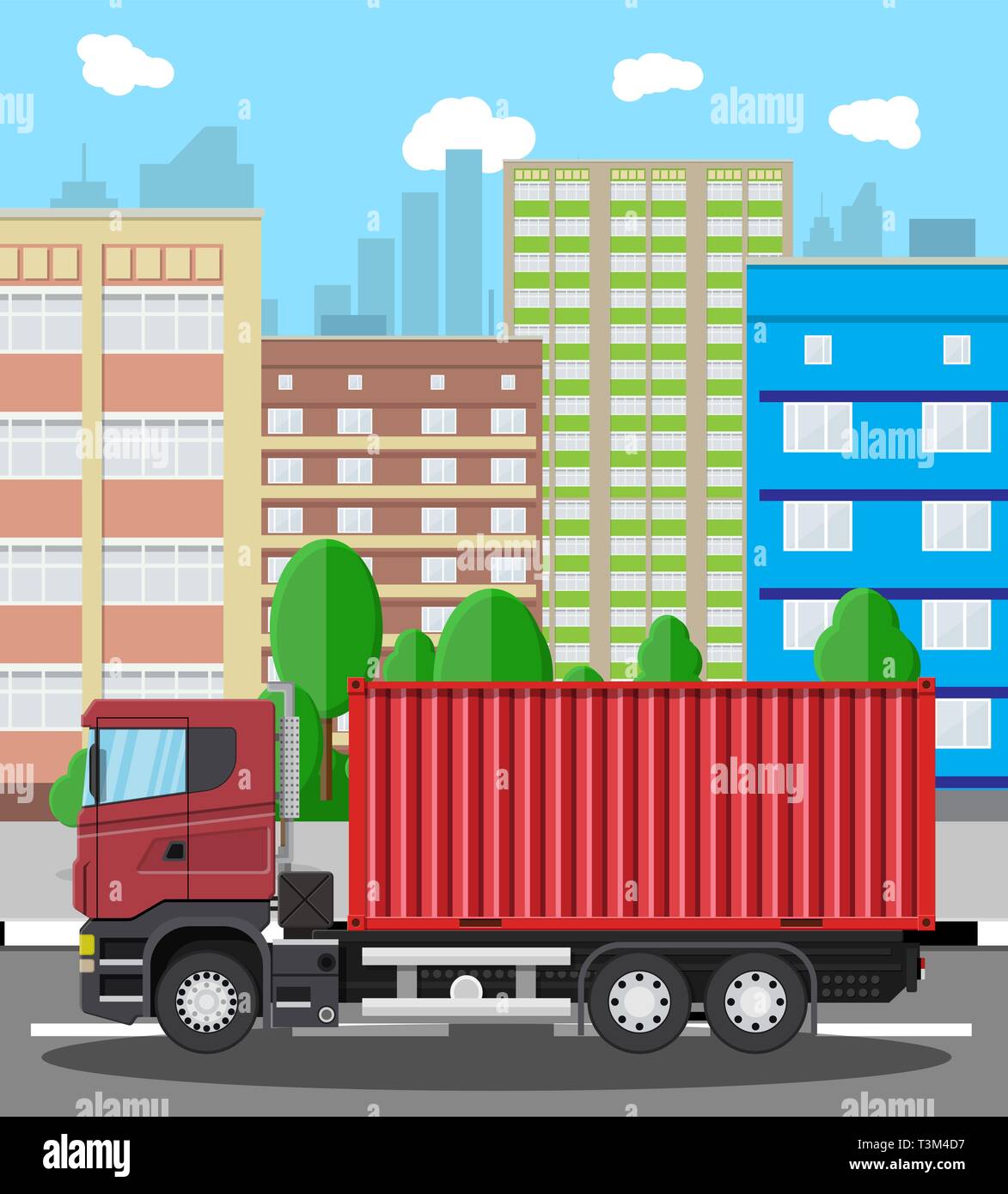 Cargo Lieferwagen mit einem Metallbehälter. Versand und Lieferung der Ware.  Wagen für den Transport. Anhänger in der Stadt. Stadtbild mit Bäumen,  Gebäude Stock-Vektorgrafik - Alamy