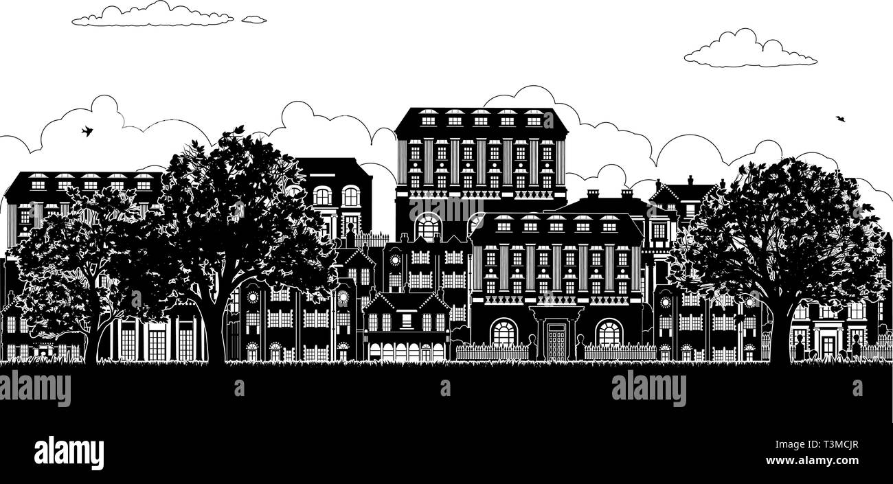 Häuser im viktorianischen Georgischen Silhouetten Zeile Straße Stock Vektor