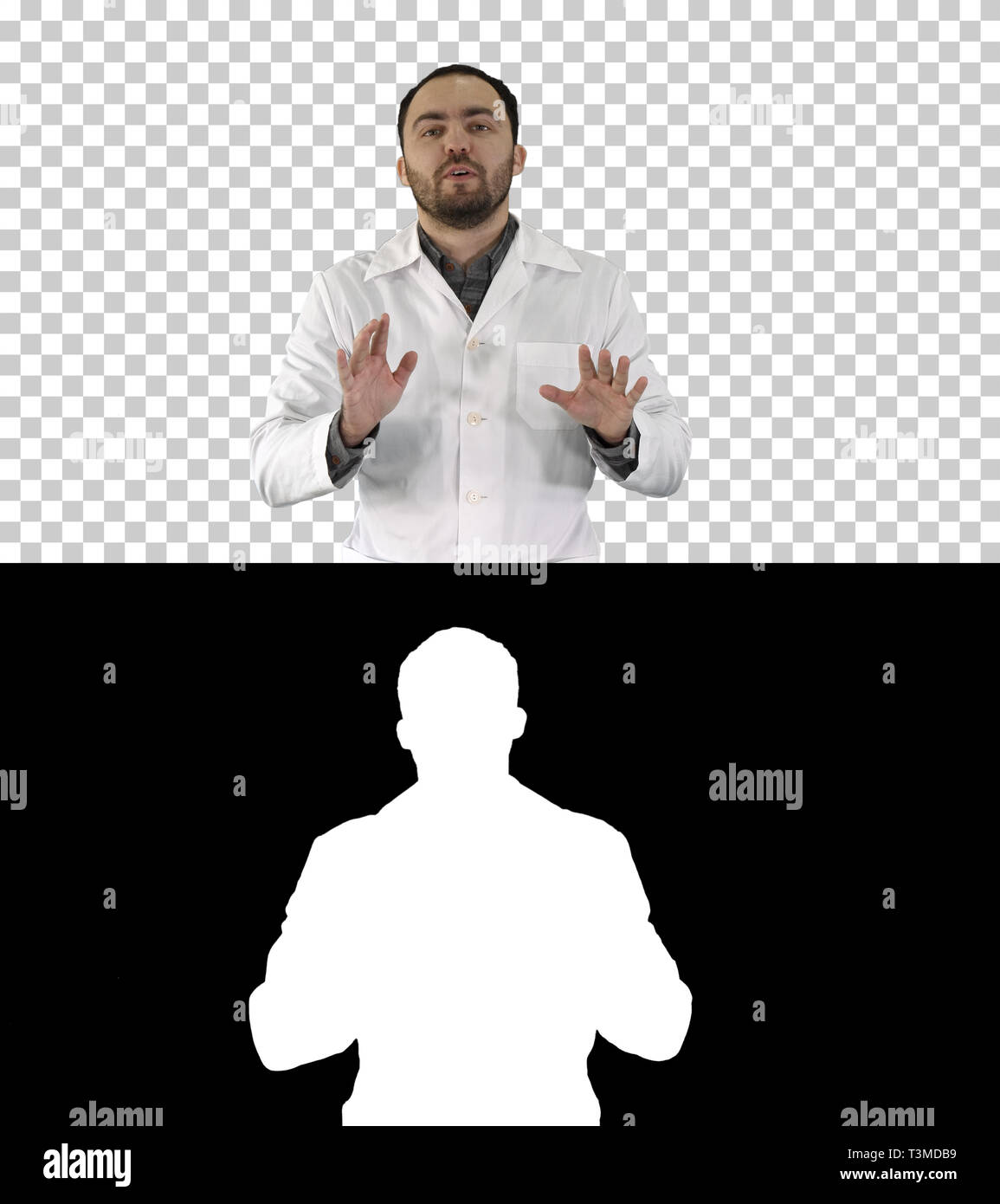Freundlich männlichen Medizin therapeutist Arzt gehen und Sprechen in die Kamera schauen, Alphakanal Stockfoto