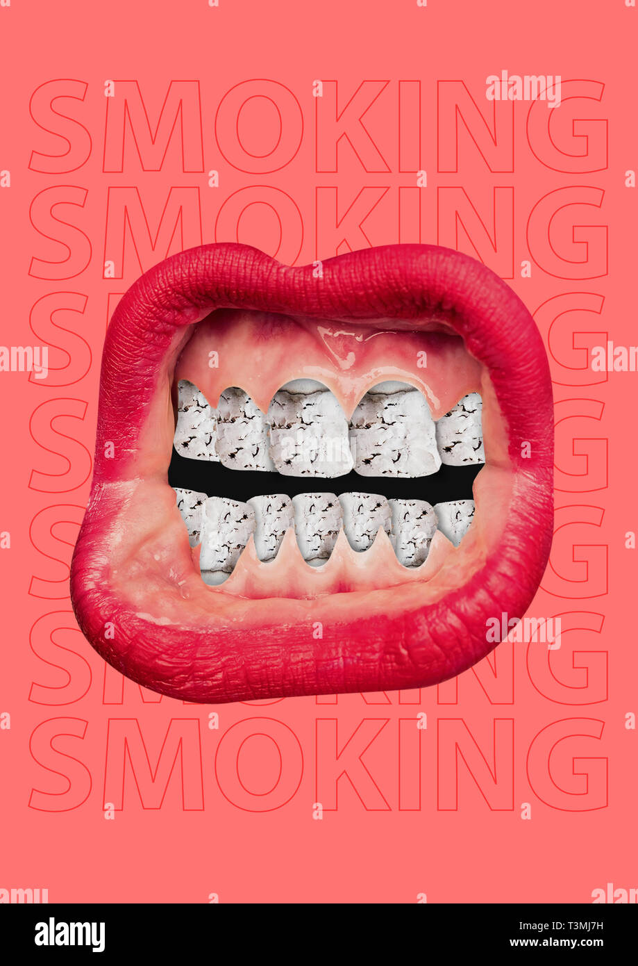 Verlorenen Jugend. Weibliche Mund mit roten Lippen und Asche als Zähne auf roten Hintergrund. Modernes Design. Zeitgenössische Kunst Collage. Konzept der Weltnichtrauchertag, gesunden Lebensstil, rauchen Ablehnung, Krebs Bewusstsein. Stockfoto