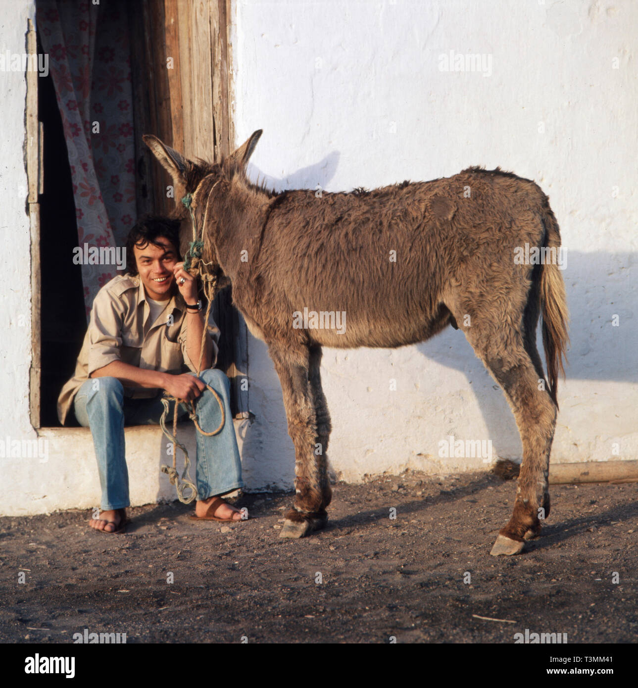 Deutscher Komponist, Sänger und Gitarrist Henner Hoier im türkeirundreise beim Posieren mit einem Esel, Ca. 1980er. Deutsche Komponist, Sänger und Gitarrist Henner Hoier auf einen Sommerurlaub mit einem Esel Posing, Ca. 80er Jahre. Stockfoto