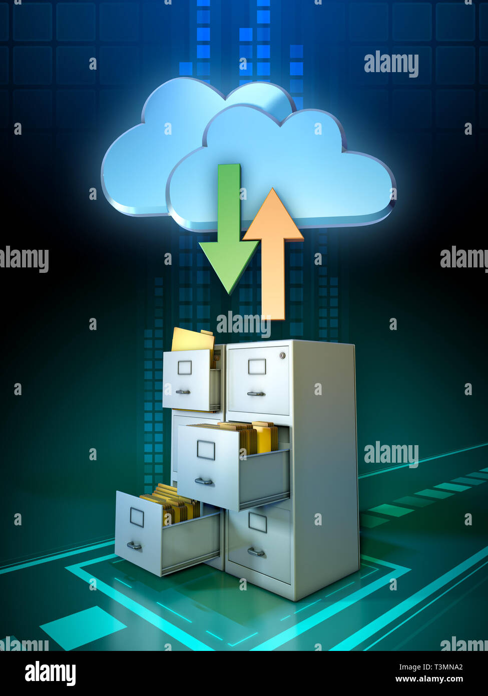 Synchronisieren von lokalen Dateien mit einer Cloud Storage Lösung. 3D-Darstellung. Stockfoto