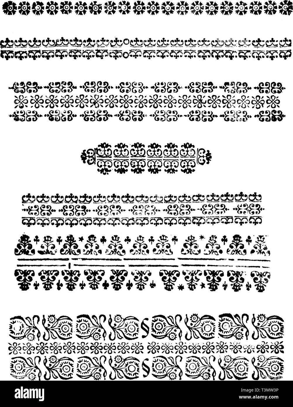 Satz von Antiken Vektorzeichnungen oder Gravur von klassischen Vintage dekoratives florale Dessins, horizontale Trennlinien. Aus Buch sterben Betrubte und noch ihrem beliebten Geussende Turteltaube, in Prag gedruckt, Österreich, 1716. Stock Vektor