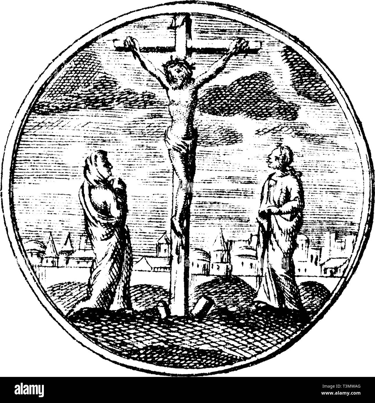 Antike Vektorzeichnung oder Gravur von Gerundeten grunge vintage Abbildung: Kreuzigung von Jesus Christus von Nazareth. Von Buch sterben Betrubte und noch ihrem beliebten Geussende Turteltaube, in Prag gedruckt, Österreich, 1716. Stock Vektor