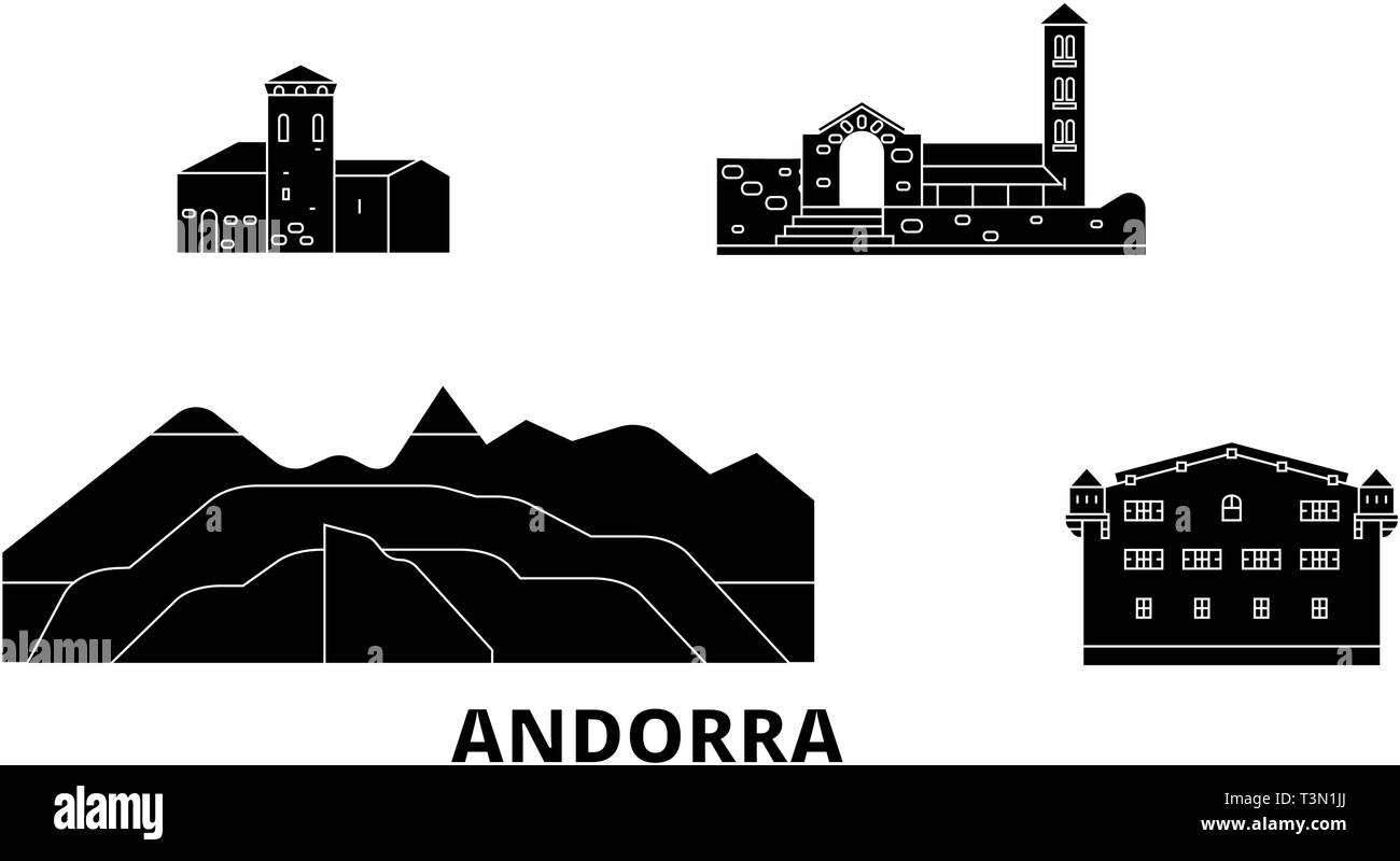 Andorra Flachbild reisen Skyline. Andorra schwarz Stadt Vektor-illustration, Symbol, Reisen, Sehenswürdigkeiten, Wahrzeichen. Stock Vektor