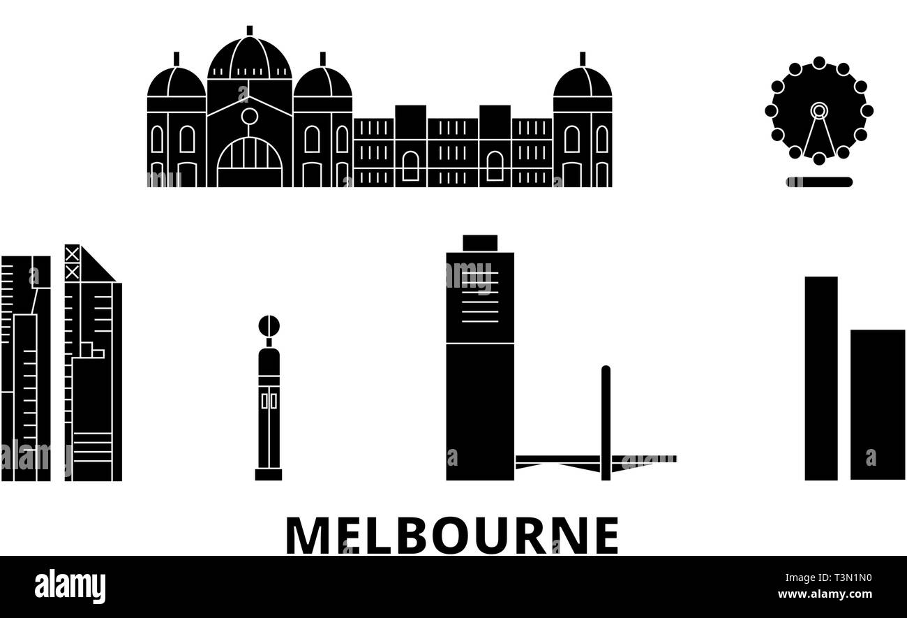 Australien, Melbourne City Wohnung reisen Skyline. Australien, Melbourne City schwarz Stadt Vektor-illustration, Symbol, Reisen, Sehenswürdigkeiten, Wahrzeichen. Stock Vektor